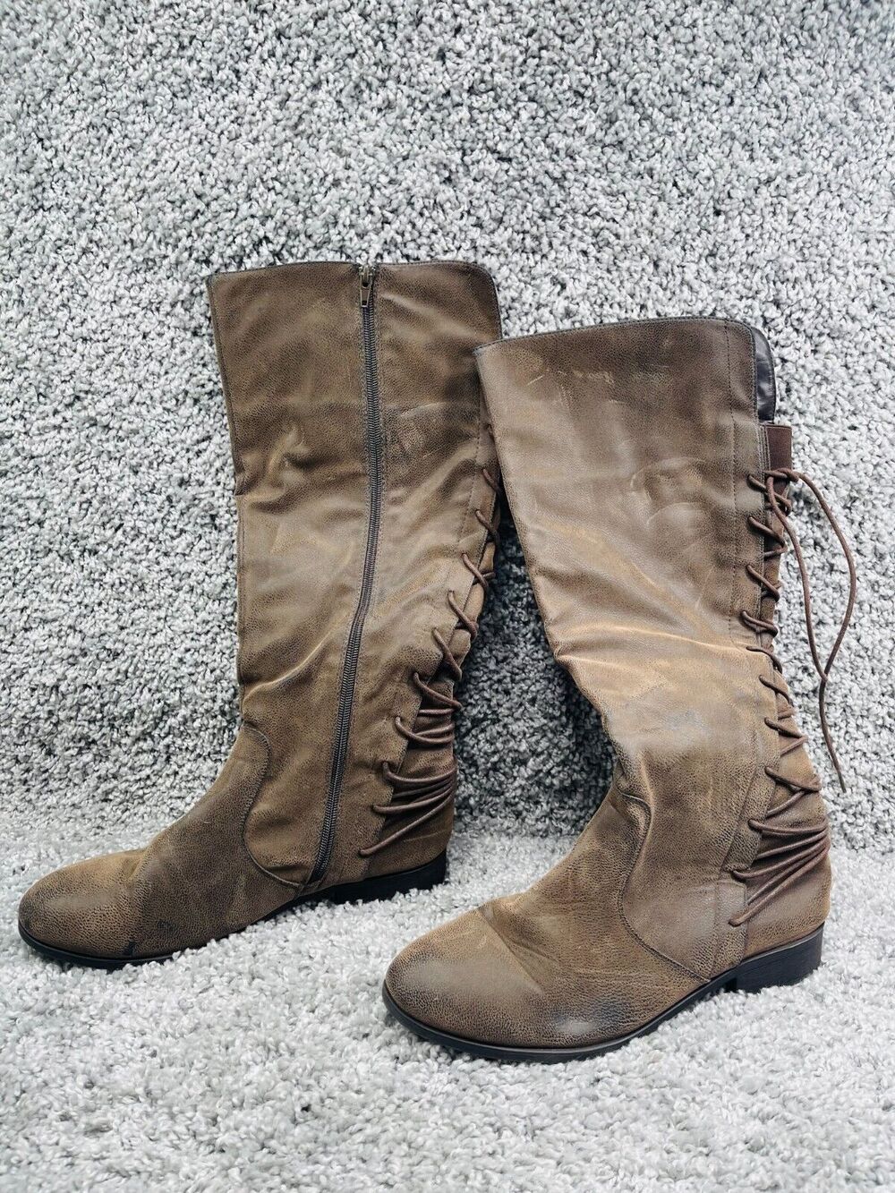 Womens Western Boots Brown Size 10 Block Mid Calf Tie Zipper Casual